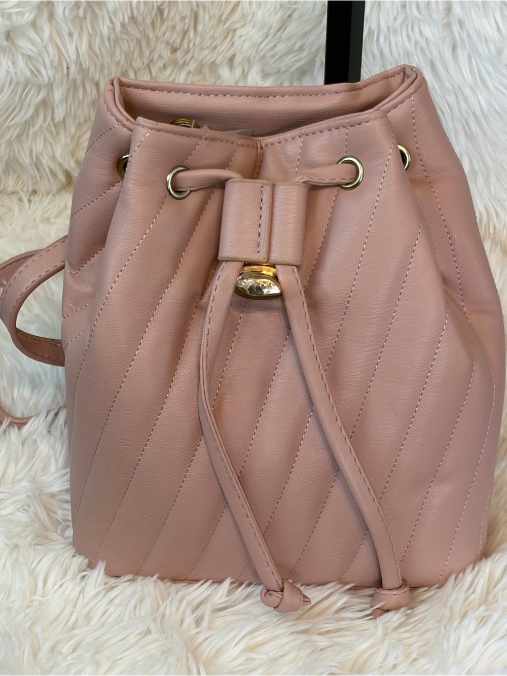 bebe Blush Mini Quilted Leather Drawstring Backpack with Gold Hardware - Picture 6 of 6